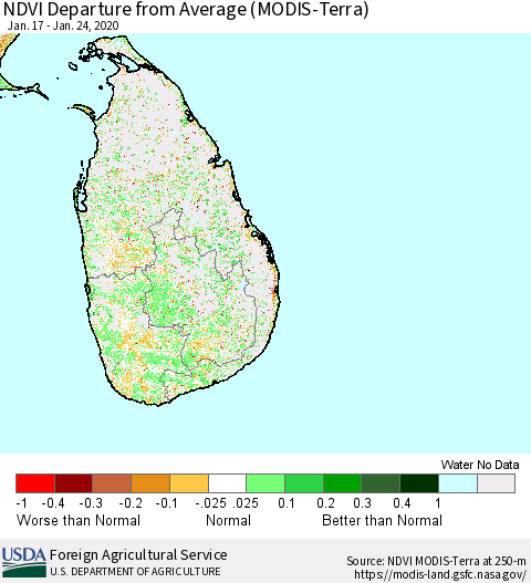 Sri Lanka NDVI Departure from Average (Terra-MODIS) Thematic Map For 1/21/2020 - 1/31/2020
