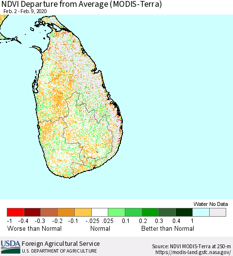 Sri Lanka NDVI Departure from Average (Terra-MODIS) Thematic Map For 2/1/2020 - 2/10/2020
