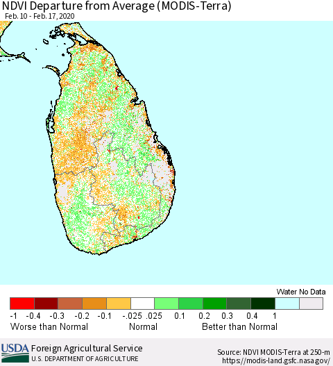 Sri Lanka NDVI Departure from Average (Terra-MODIS) Thematic Map For 2/11/2020 - 2/20/2020
