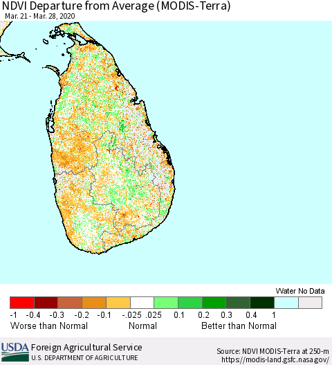 Sri Lanka NDVI Departure from Average (Terra-MODIS) Thematic Map For 3/21/2020 - 3/31/2020
