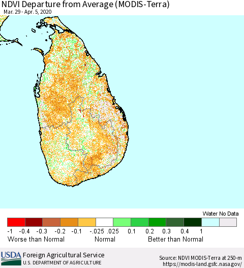 Sri Lanka NDVI Departure from Average (Terra-MODIS) Thematic Map For 4/1/2020 - 4/10/2020