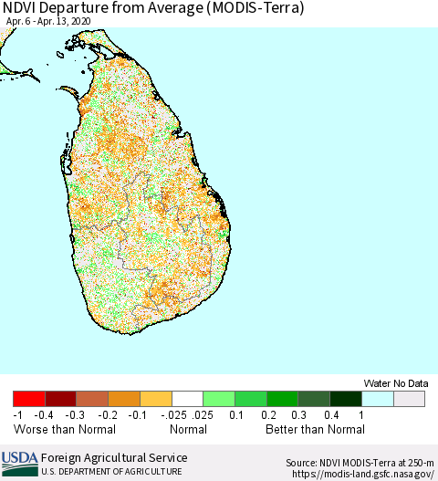 Sri Lanka NDVI Departure from Average (Terra-MODIS) Thematic Map For 4/11/2020 - 4/20/2020
