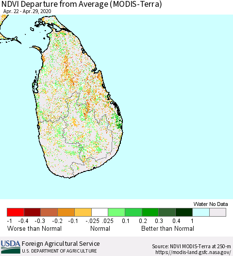 Sri Lanka NDVI Departure from Average (Terra-MODIS) Thematic Map For 4/21/2020 - 4/30/2020