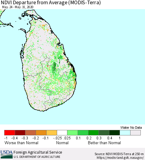Sri Lanka NDVI Departure from Average (Terra-MODIS) Thematic Map For 5/21/2020 - 5/31/2020