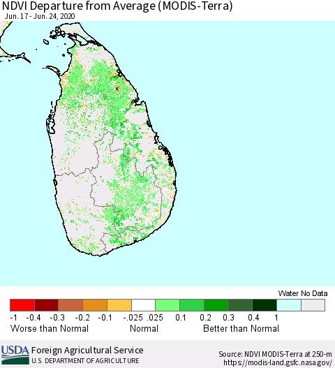 Sri Lanka NDVI Departure from Average (Terra-MODIS) Thematic Map For 6/21/2020 - 6/30/2020