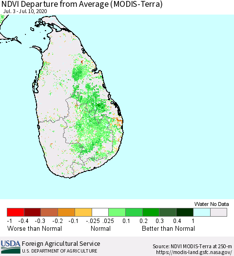 Sri Lanka NDVI Departure from Average (Terra-MODIS) Thematic Map For 7/1/2020 - 7/10/2020