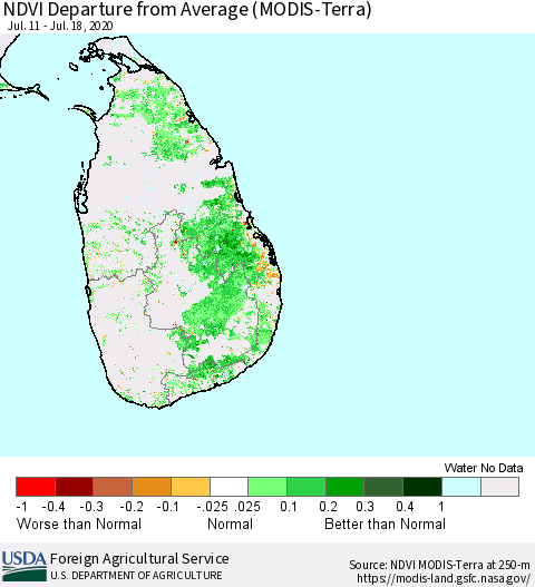 Sri Lanka NDVI Departure from Average (Terra-MODIS) Thematic Map For 7/11/2020 - 7/20/2020