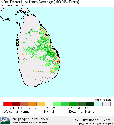 Sri Lanka NDVI Departure from Average (Terra-MODIS) Thematic Map For 7/21/2020 - 7/31/2020