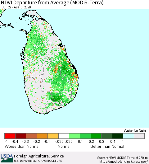 Sri Lanka NDVI Departure from Average (Terra-MODIS) Thematic Map For 8/1/2020 - 8/10/2020
