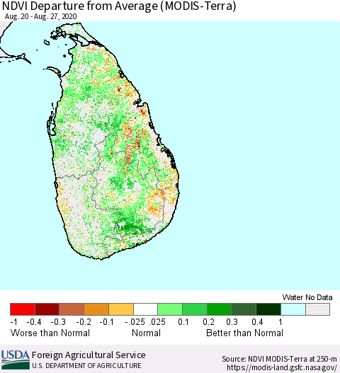 Sri Lanka NDVI Departure from Average (Terra-MODIS) Thematic Map For 8/21/2020 - 8/31/2020
