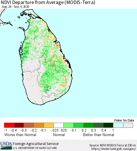 Sri Lanka NDVI Departure from Average (Terra-MODIS) Thematic Map For 9/1/2020 - 9/10/2020