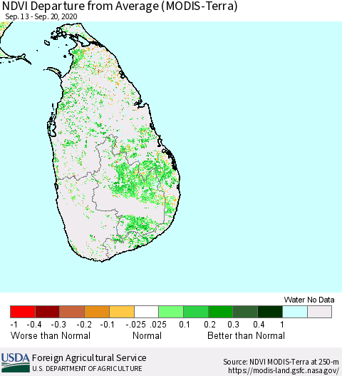 Sri Lanka NDVI Departure from Average (Terra-MODIS) Thematic Map For 9/11/2020 - 9/20/2020