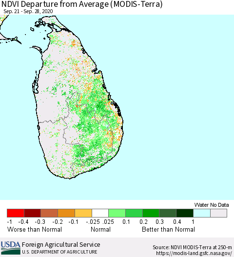 Sri Lanka NDVI Departure from Average (Terra-MODIS) Thematic Map For 9/21/2020 - 9/30/2020