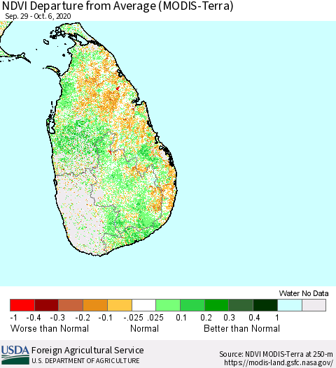 Sri Lanka NDVI Departure from Average (MODIS-Terra) Thematic Map For 10/1/2020 - 10/10/2020