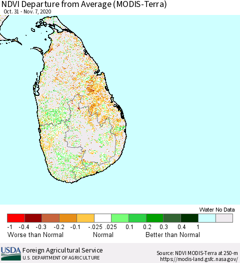 Sri Lanka NDVI Departure from Average (MODIS-Terra) Thematic Map For 11/1/2020 - 11/10/2020