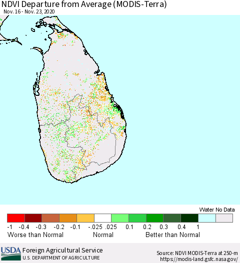Sri Lanka NDVI Departure from Average (Terra-MODIS) Thematic Map For 11/21/2020 - 11/30/2020
