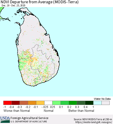 Sri Lanka NDVI Departure from Average (MODIS-Terra) Thematic Map For 12/21/2020 - 12/31/2020