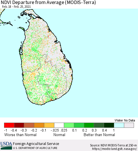 Sri Lanka NDVI Departure from Average (MODIS-Terra) Thematic Map For 2/21/2021 - 2/28/2021