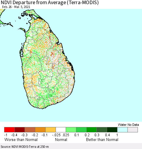 Sri Lanka NDVI Departure from Average (Terra-MODIS) Thematic Map For 2/26/2021 - 3/5/2021