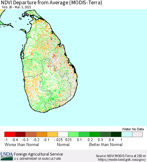 Sri Lanka NDVI Departure from Average (MODIS-Terra) Thematic Map For 3/1/2021 - 3/10/2021