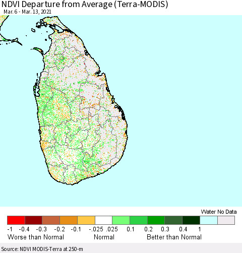 Sri Lanka NDVI Departure from Average (Terra-MODIS) Thematic Map For 3/6/2021 - 3/13/2021