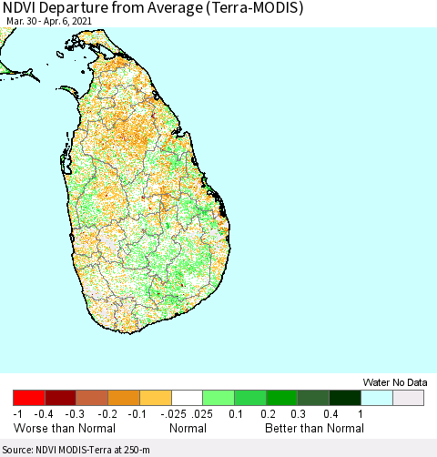 Sri Lanka NDVI Departure from Average (Terra-MODIS) Thematic Map For 3/30/2021 - 4/6/2021
