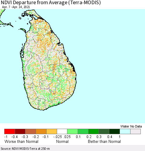 Sri Lanka NDVI Departure from Average (Terra-MODIS) Thematic Map For 4/7/2021 - 4/14/2021