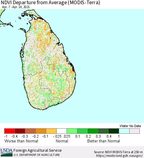 Sri Lanka NDVI Departure from Average (Terra-MODIS) Thematic Map For 4/11/2021 - 4/20/2021