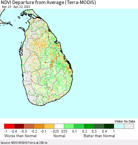 Sri Lanka NDVI Departure from Average (Terra-MODIS) Thematic Map For 4/15/2021 - 4/22/2021