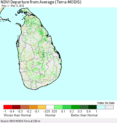 Sri Lanka NDVI Departure from Average (Terra-MODIS) Thematic Map For 5/1/2021 - 5/8/2021