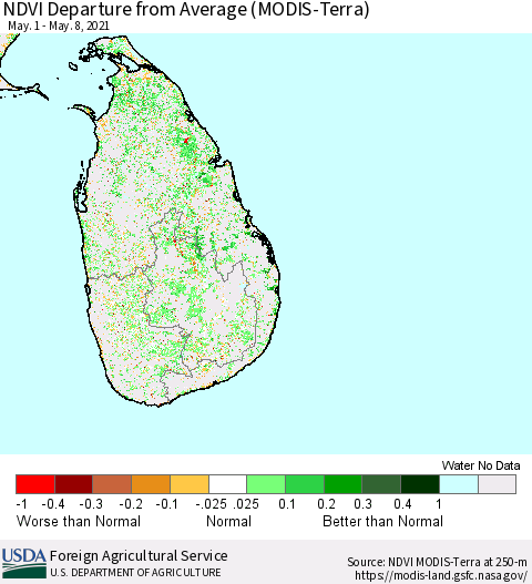 Sri Lanka NDVI Departure from Average (Terra-MODIS) Thematic Map For 5/1/2021 - 5/10/2021