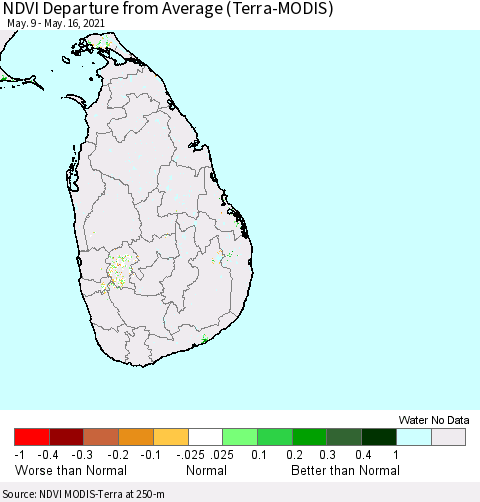 Sri Lanka NDVI Departure from Average (Terra-MODIS) Thematic Map For 5/9/2021 - 5/16/2021