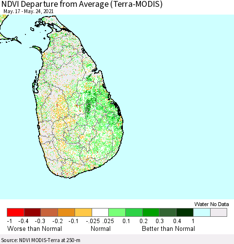 Sri Lanka NDVI Departure from Average (Terra-MODIS) Thematic Map For 5/17/2021 - 5/24/2021
