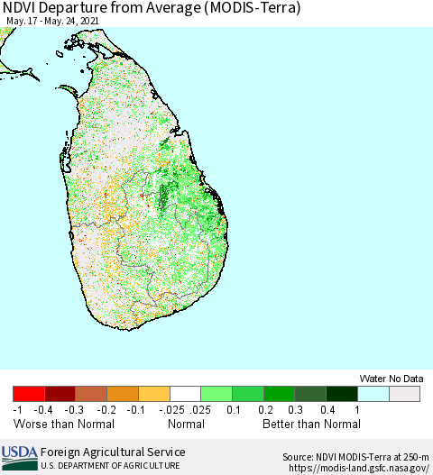 Sri Lanka NDVI Departure from Average (Terra-MODIS) Thematic Map For 5/21/2021 - 5/31/2021