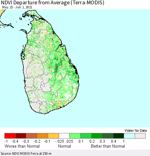 Sri Lanka NDVI Departure from Average (Terra-MODIS) Thematic Map For 5/25/2021 - 6/1/2021
