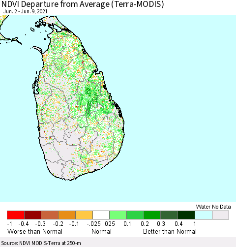 Sri Lanka NDVI Departure from Average (Terra-MODIS) Thematic Map For 6/2/2021 - 6/9/2021