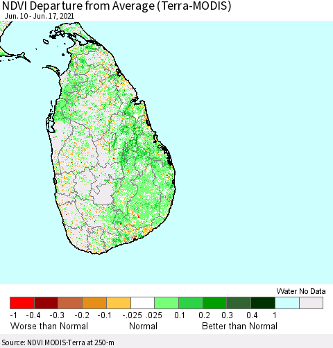 Sri Lanka NDVI Departure from Average (Terra-MODIS) Thematic Map For 6/10/2021 - 6/17/2021