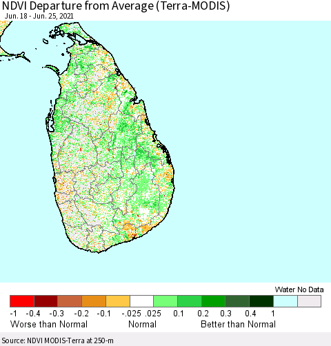Sri Lanka NDVI Departure from Average (Terra-MODIS) Thematic Map For 6/18/2021 - 6/25/2021
