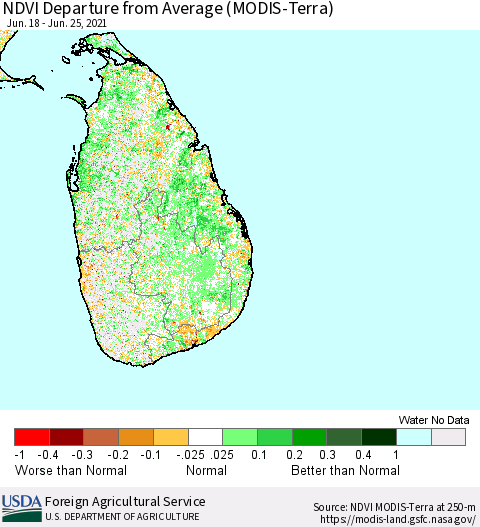 Sri Lanka NDVI Departure from Average (Terra-MODIS) Thematic Map For 6/21/2021 - 6/30/2021