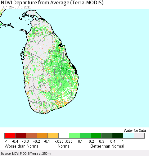 Sri Lanka NDVI Departure from Average (Terra-MODIS) Thematic Map For 6/26/2021 - 7/3/2021