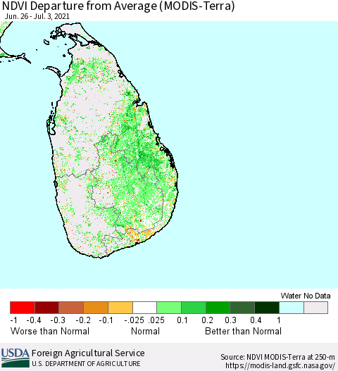 Sri Lanka NDVI Departure from Average (Terra-MODIS) Thematic Map For 7/1/2021 - 7/10/2021