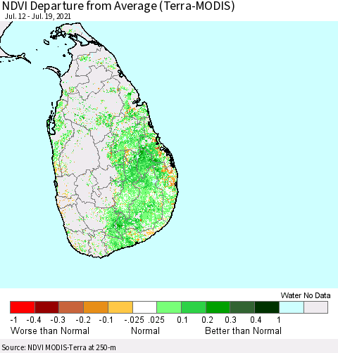 Sri Lanka NDVI Departure from Average (Terra-MODIS) Thematic Map For 7/12/2021 - 7/19/2021