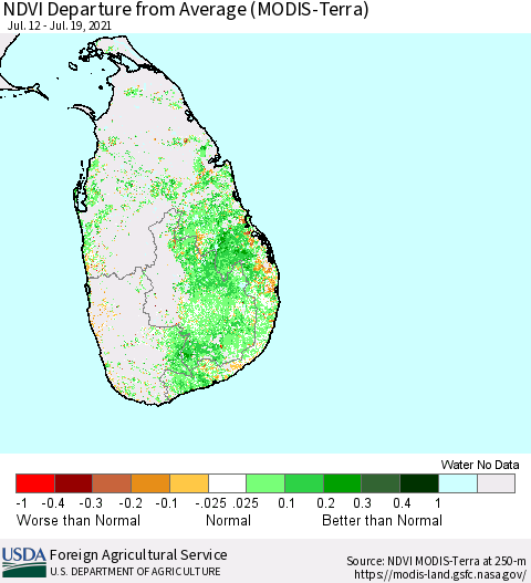 Sri Lanka NDVI Departure from Average (Terra-MODIS) Thematic Map For 7/11/2021 - 7/20/2021