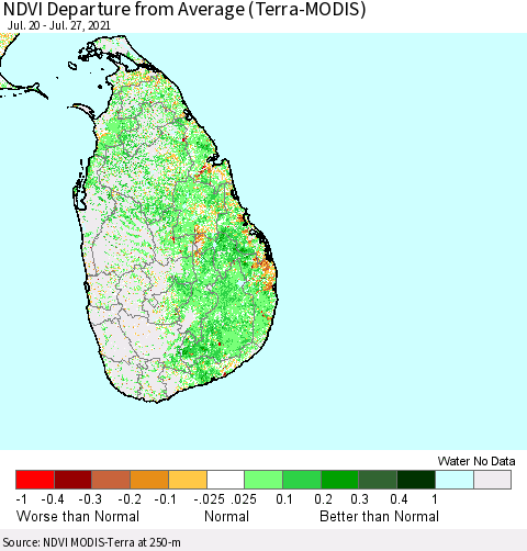 Sri Lanka NDVI Departure from Average (Terra-MODIS) Thematic Map For 7/20/2021 - 7/27/2021