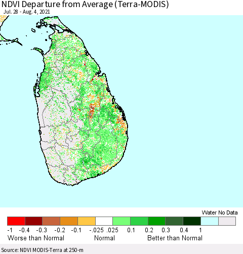 Sri Lanka NDVI Departure from Average (Terra-MODIS) Thematic Map For 7/28/2021 - 8/4/2021