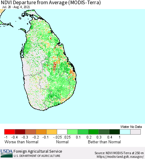 Sri Lanka NDVI Departure from Average (Terra-MODIS) Thematic Map For 8/1/2021 - 8/10/2021