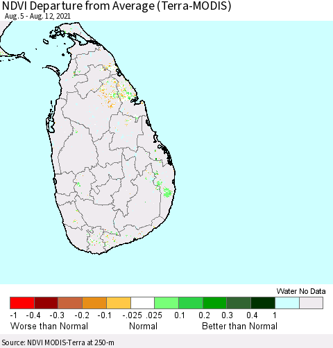 Sri Lanka NDVI Departure from Average (Terra-MODIS) Thematic Map For 8/5/2021 - 8/12/2021