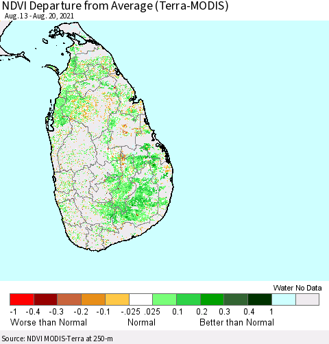 Sri Lanka NDVI Departure from Average (Terra-MODIS) Thematic Map For 8/11/2021 - 8/20/2021