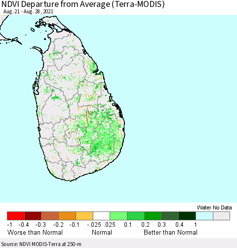 Sri Lanka NDVI Departure from Average (Terra-MODIS) Thematic Map For 8/21/2021 - 8/28/2021