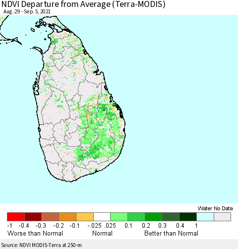 Sri Lanka NDVI Departure from Average (Terra-MODIS) Thematic Map For 8/29/2021 - 9/5/2021